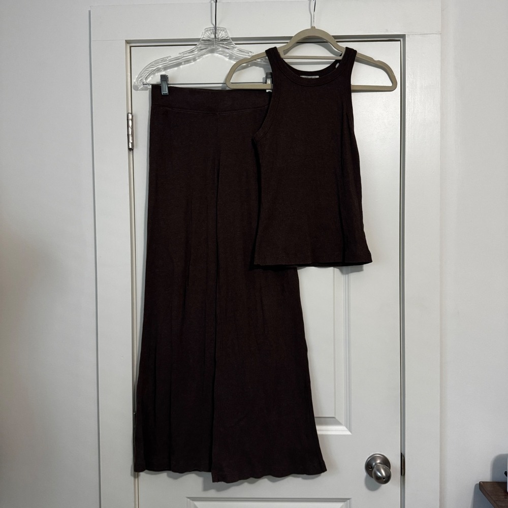 Buck Mason Small Brown Ribbed Tank & Flare Lounge Pants SET Casual Minimalist